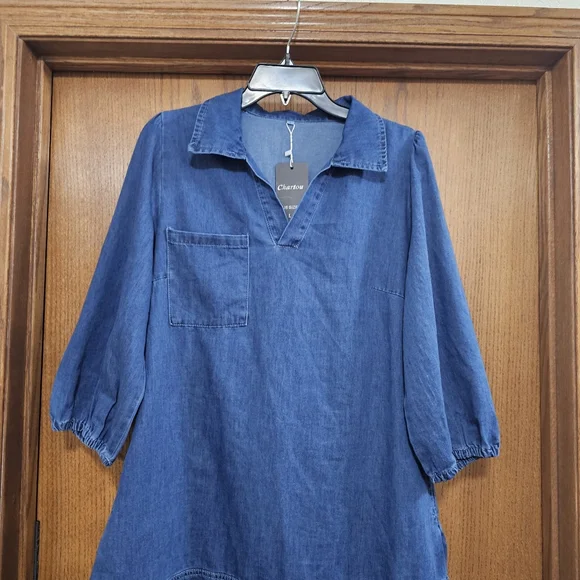 Denim Dress Blue V-Neck 3/4 Length Puff Sleeves Midi Dress NWT Size Large - Picture 2 of 11